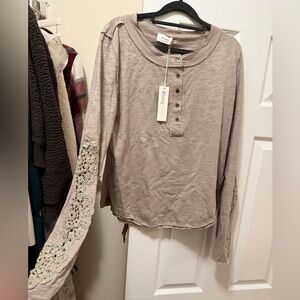 Bluivy Women's Taupe Button Down Shirt with Lace Sleeves